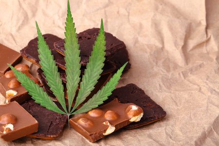 Organic Marijuana Pieces of Chocolate with CBD cannabis nuts and dry green hemp leaves. Chocolate coated hemp biscuits. Marijuana sweet food conceptの写真素材