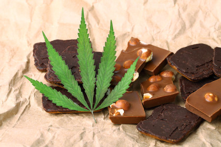 Pieces of delicious chocolate and cookies on the background of wrapping paper with a green hemp leaf. Cannabis Leaf Vegan Chocolate with CBD Supplement and Green Marijuana Leavesの写真素材