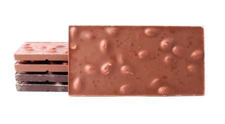 Chocolate bars with almonds close up on white isolated background with clipping pathの写真素材