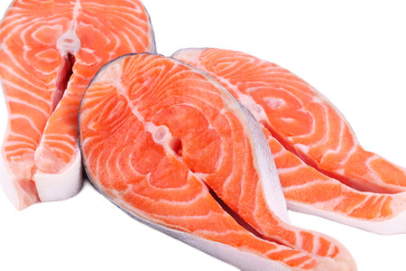 Fresh Raw Salmon Steak Isolated on a White Background, Clipping Pathの写真素材