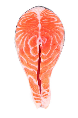 Salmon steak, fresh fish slice, trout on white isolated background with clipping path, full depth of fieldの写真素材