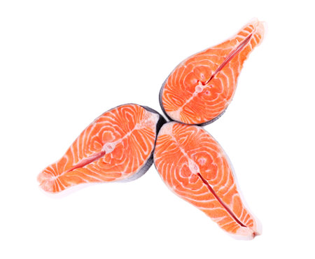 Red salmon fish slice isolated on white background with copy space for your text, top viewの写真素材