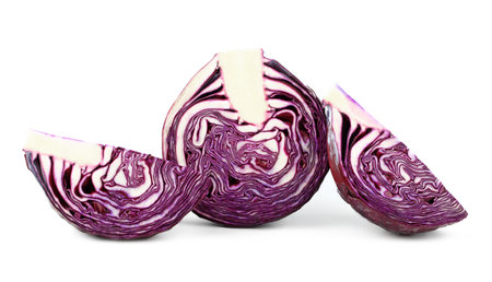 Cut fresh red cabbages on white isolated backgroundの写真素材