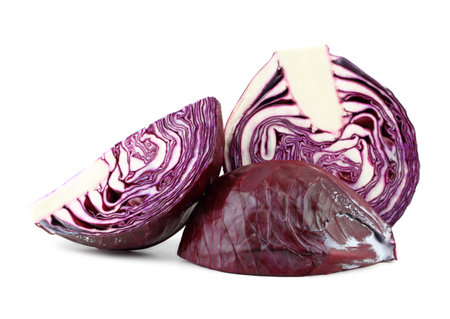 Red cabbage cut isolated on white background with clipping pathの写真素材