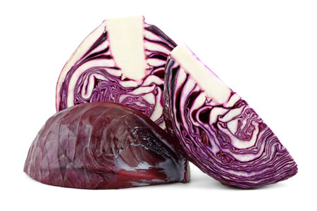 Cut fresh red cabbages on white isolated backgroundの写真素材