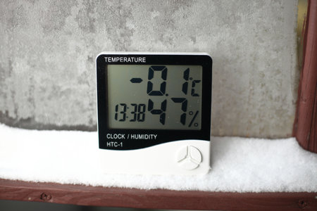 Measurement of the temperature and humidity, thermometer and hygrometer on a window with snow on the background of frozen glassの写真素材
