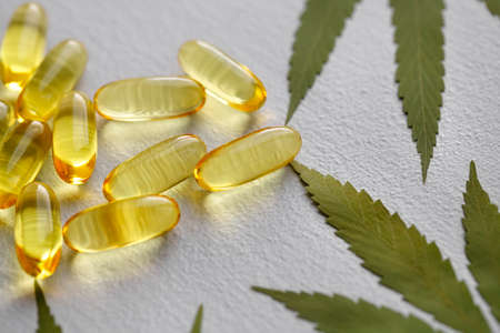 Cannabis CBD Tablets, Hemp CBD Oil Gelatin Capsules, Edible Organic Food Supplementsの写真素材
