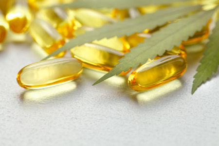 Cannabis CBD Tablets, Hemp CBD Oil Gelatin Capsules, Edible Organic Food Supplementsの写真素材