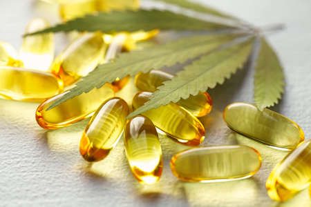 Cannabis CBD Tablets, Hemp CBD Oil Gelatin Capsules, Edible Organic Food Supplementsの写真素材