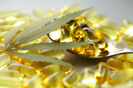 Cannabis CBD Tablets, Hemp CBD Oil Gelatin Capsules, Edible Organic Food Supplementsの写真素材