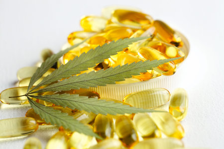 Medical cannabis products, leaf, capsules and CBD oil on white background. Pharmaceutical gelatin softgels with biological plant herbal. Organic dietary supplements conceptの写真素材