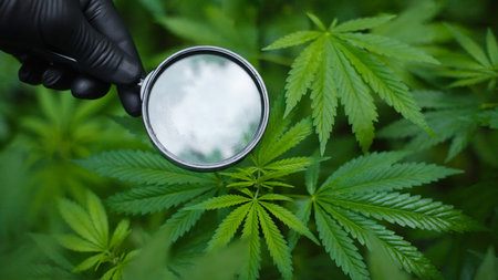 Hand in a black glove holding magnifying glass to look at bunch of hemp leaves on hemp or cannabis bush. Marijuana plantation for medical and business conceptの写真素材