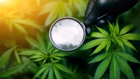 Growing hemp for the production of cannabis CBD oil. Hemp bush with magnifying glass in hand with black glove. Beautiful conceptual background with sunbeamの写真素材