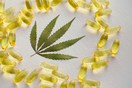 Medical cannabis products, leaf, capsules CBD oil on white background. Pharmaceutical gelatin softgels with biological plant herbal. Organic dietary supplements conceptの写真素材