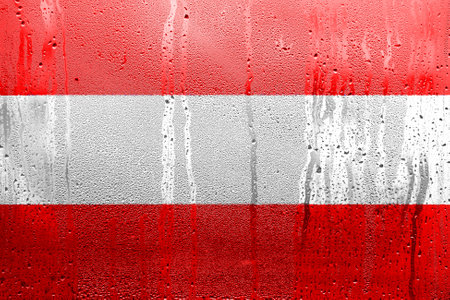 Austria National Flag, official colors and proportion correctly. Flag of Austria on the texture of the condensation of water dropsの写真素材