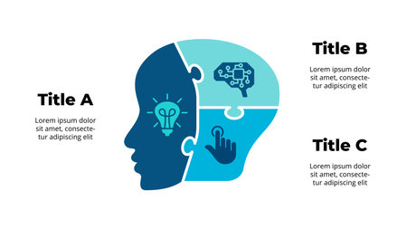 Artificial Intelligence. Infographic Template. Puzzle Cyborg Head Illustration. 3 Steps, Options. Human or Robot Face. Educational Creative Concept.のイラスト素材