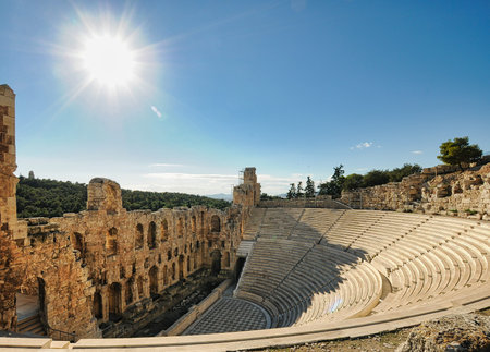 Seats of ancient Odeon of Herodes Atticus is located on the south slope of the Acropolis of Athens,...