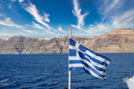 Panoramic overview of Santorini, Thira, Greece, over the Caldera, Aegean sea.の写真素材