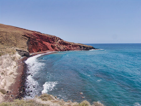 View of the seacoast and the Red beach. Santorini island, Greece. Beautiful summer landscapeの写真素材