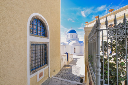 Village of Pyrgos, Santorini island, Greeceの写真素材