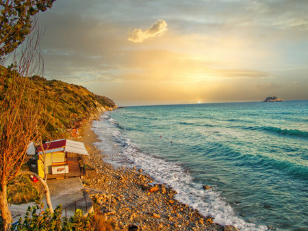 Sunset on beach, Kefalonia (Greece)の写真素材