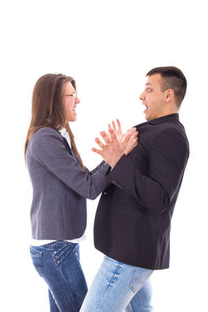relationship problems. Young business couple quarrelling, shouting.の写真素材