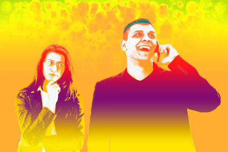 curious woman thinking her man is cheating on her while talking on the cellphone, in coloured...