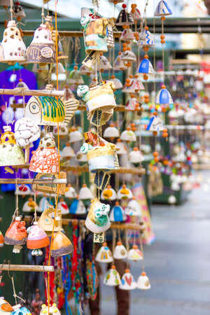 handmade souvenirs on the streets arranged in row and column in the main street of Belgrade, Knez Mihailovaの写真素材