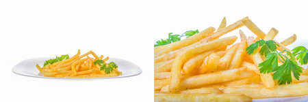 homemade french fries plate over white background