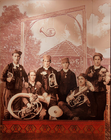 images from Serbian National Museum in Gucha Serbia 08 2014, one of first assembly musicians troops in Serbian national costume in one of the first festivals in Gucaのeditorial素材