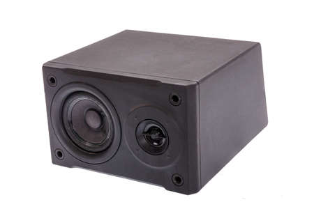 aside photo of black  audio speaker, isolated on whiteの写真素材