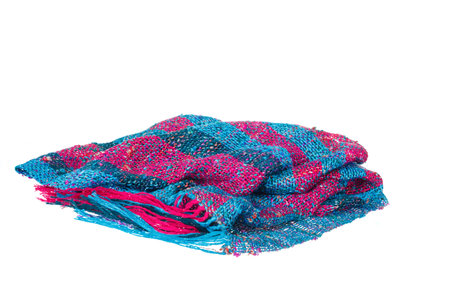 Colourful handmade multicolored neckwear or scarf of woolen knitted fabric texture isolated on white...