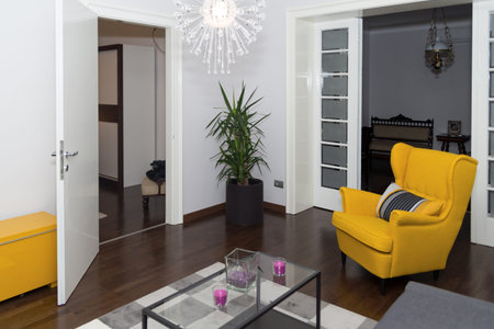 Modern Hotel Apartment with 3d Living Room and Bedroom Interior, White Walls. Luxury Livingroom with...