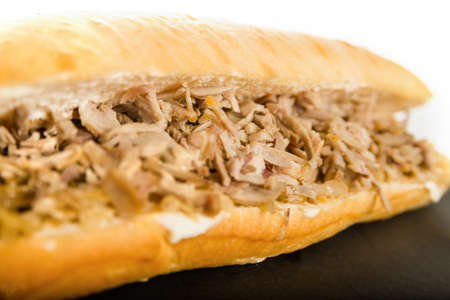 Sandwich with Meat Cutlet Pork on Granite Chopping Board Plate with Sauerkraut Cabbage Salad on White Background.の写真素材