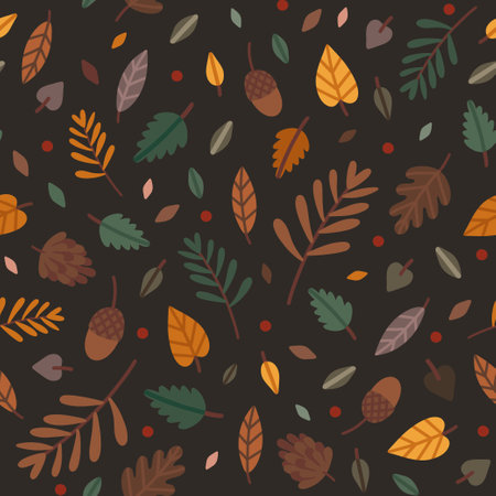Vector cute seamless pattern with Autumn leaves, branches and acorns with deep dark backgroundのイラスト素材