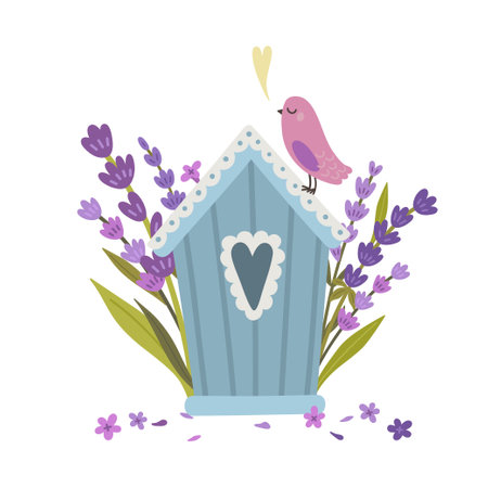 Vector cute illustration with romantic lavender birdhouse, bird, lavender branches and flowersのイラスト素材