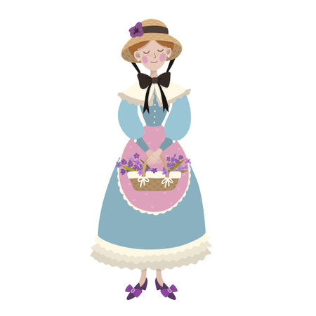 Vector cute illustration with romantic lavender girl with basket of lavender flowersのイラスト素材