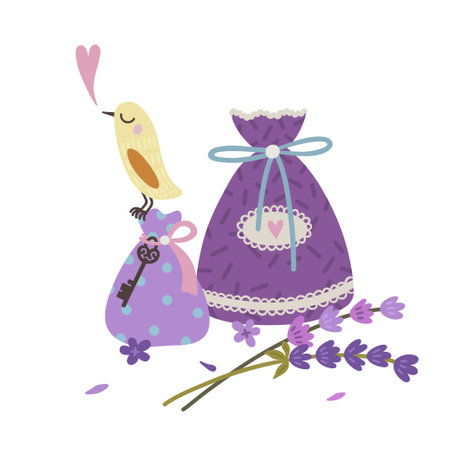 Vector cute illustration with romantic lavender pouches^ bird, lavender branch and flowersのイラスト素材