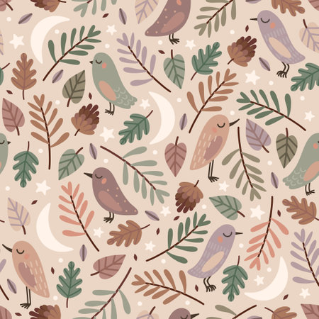 Vector cute seamless pattern with little birds, decorative floral elements and soft pastel colorsのイラスト素材