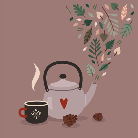 Vector cute illustration with herbal, leaves, kettle and hiking cupのイラスト素材