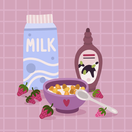 Vector cute illustration with milk box, cornflakes, syrup and strawberryのイラスト素材