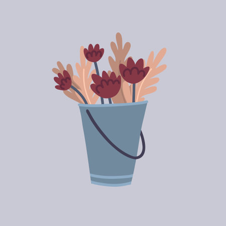 Vector cute illustration with cute flowers and banches in the metal bucketのイラスト素材