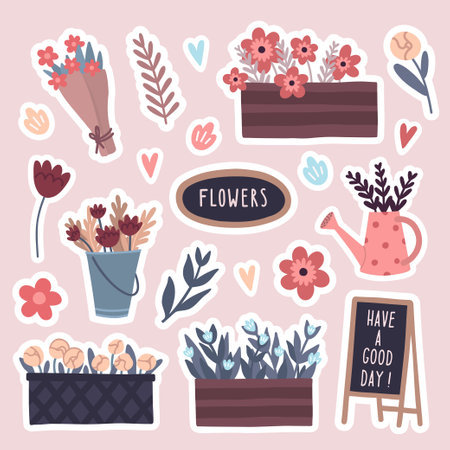 Vector floral sticker set with flovers and thematic elementsのイラスト素材