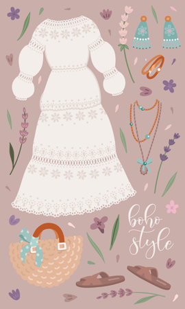 Boho outfit collection with dressのイラスト素材
