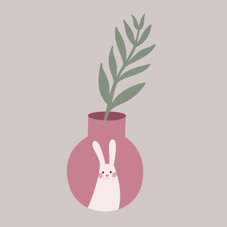 Vector cute illustration with flat simple easter bunny vase, branch and pastel colorsのイラスト素材