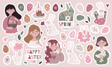 Vector cute spring illustration sticker set with girls, bunnies, eggs, easter thematic elements and pastel colorsのイラスト素材
