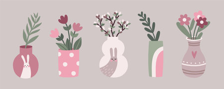 Vector cute illustration set with spring vases, flower pots and pastel colorsのイラスト素材