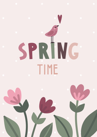 Vector cute spring poster illustration with flowers, bird, lettering and pastel colorsのイラスト素材