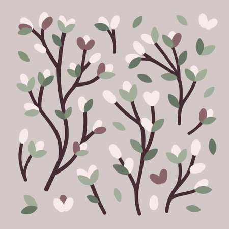 Vector cute illustration set with simple floral abstract spring branches, leaves and pastel colorsのイラスト素材
