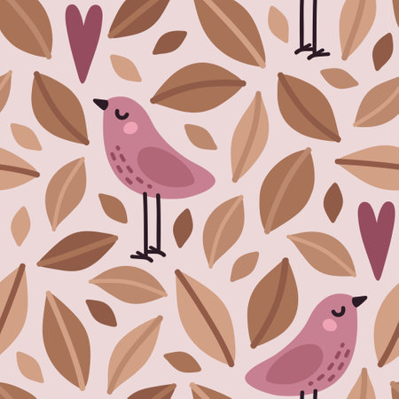 Vector cute seamless pattern with little bird, decorative leaves and soft pastel colorsのイラスト素材